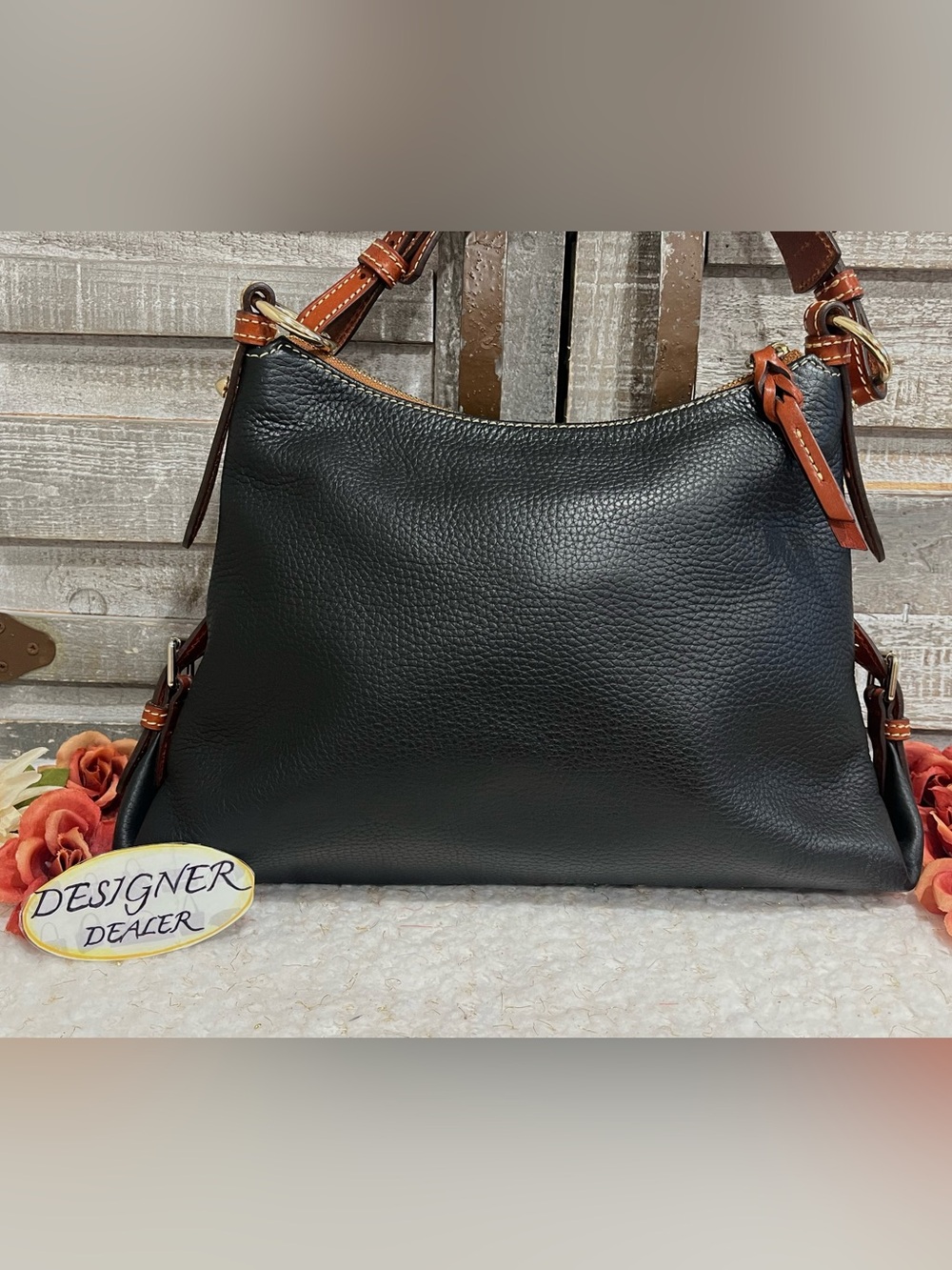 Dooney & BOURKE Pebbled Leather Hobo Shoulder Bag Black With Brown Trim - Picture 6 of 12